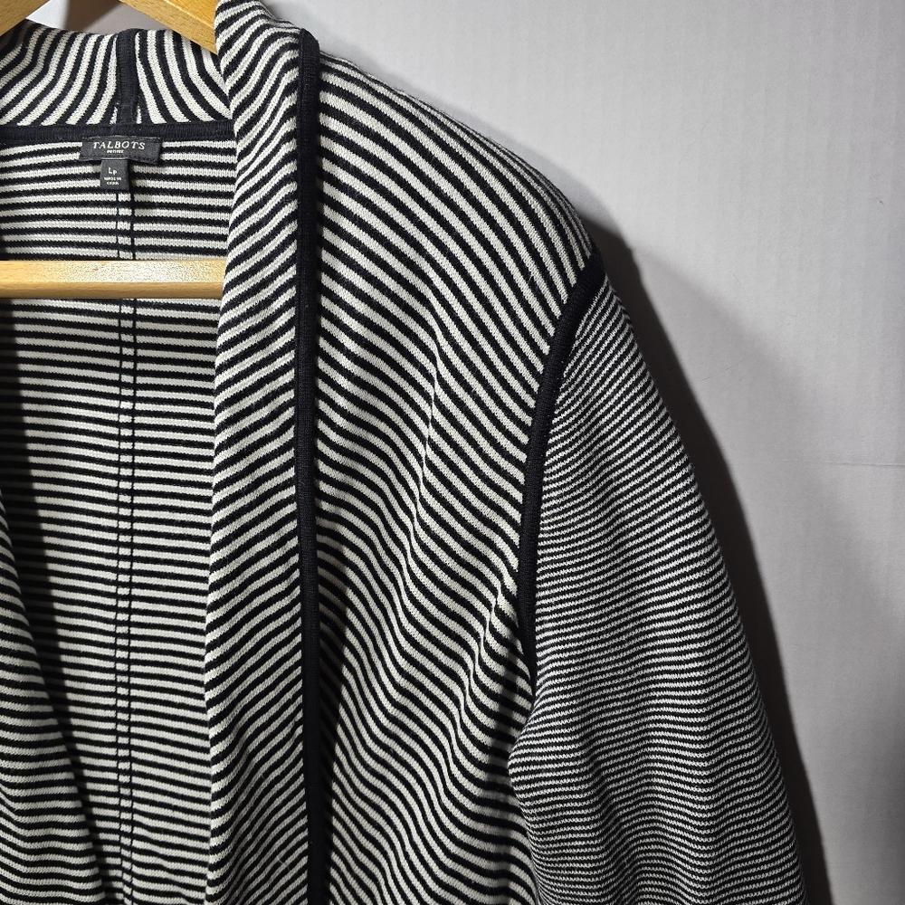 Talbots Large Petite Black and White Striped Women's Open Front Cardigan - Picture 4 of 5